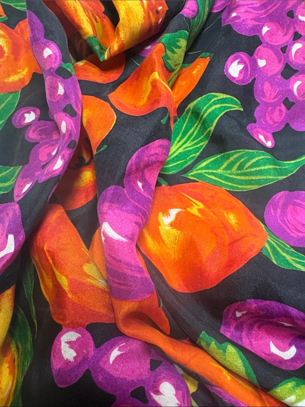 Black Fruit-Print Women's Scarf with Orange & Purple Accents